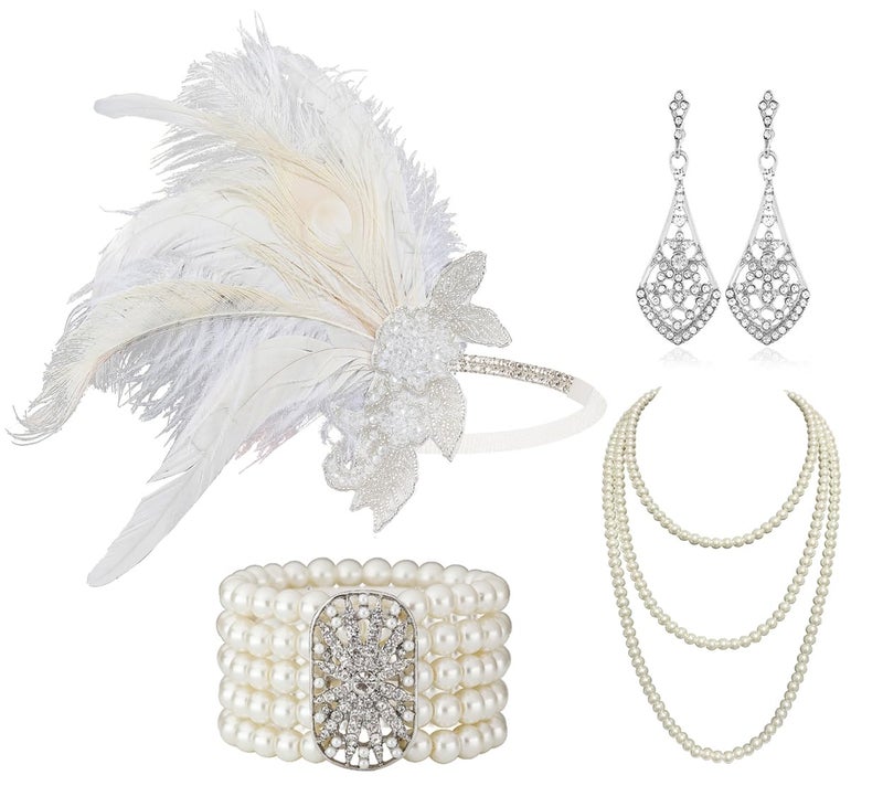 Cizoe 1920s Gatsby Accessories Set for Women Flapper Headband 20s Headpiece Necklace Gloves(od) - Image 1